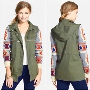 Olive Green Anorak Jacket with Aztec Knit Sleeves